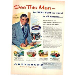 1952 Greyhound Bus Lines Vintage Print Ad Station Ticket Agent Counter Wall Art